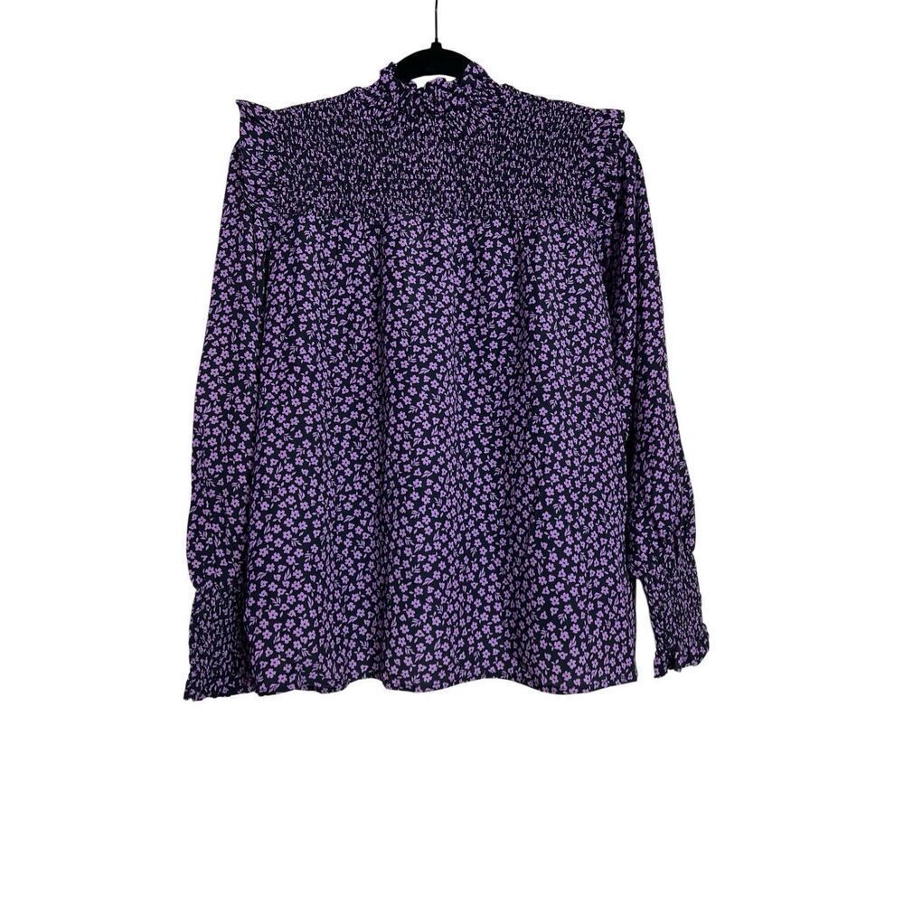 Barbour Blouse Womens Sz 10 Purple Black Midhurst Smocked Long Sleeve Floral NWT